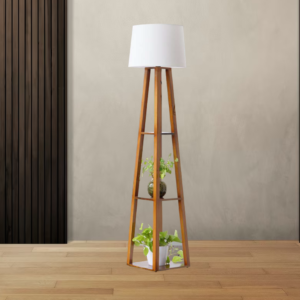 Teak wooden floor lamp with shelf