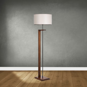 Teak wooden floor lamp with vertical metal tube