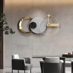 Nordic Large Wall Clock with Metal Art: Center with Full Moon Design & Luxurious Gold Metallic Ring for Living Room