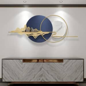 Modern metal wall art: Golden Art Mountain with Deep Blue World and Circular Golden Ring