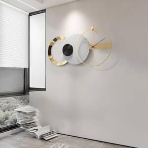 Nordic Large Wall Clock with Metal Art: Center with Full Moon Design & Luxurious Gold Metallic Ring for Living Room