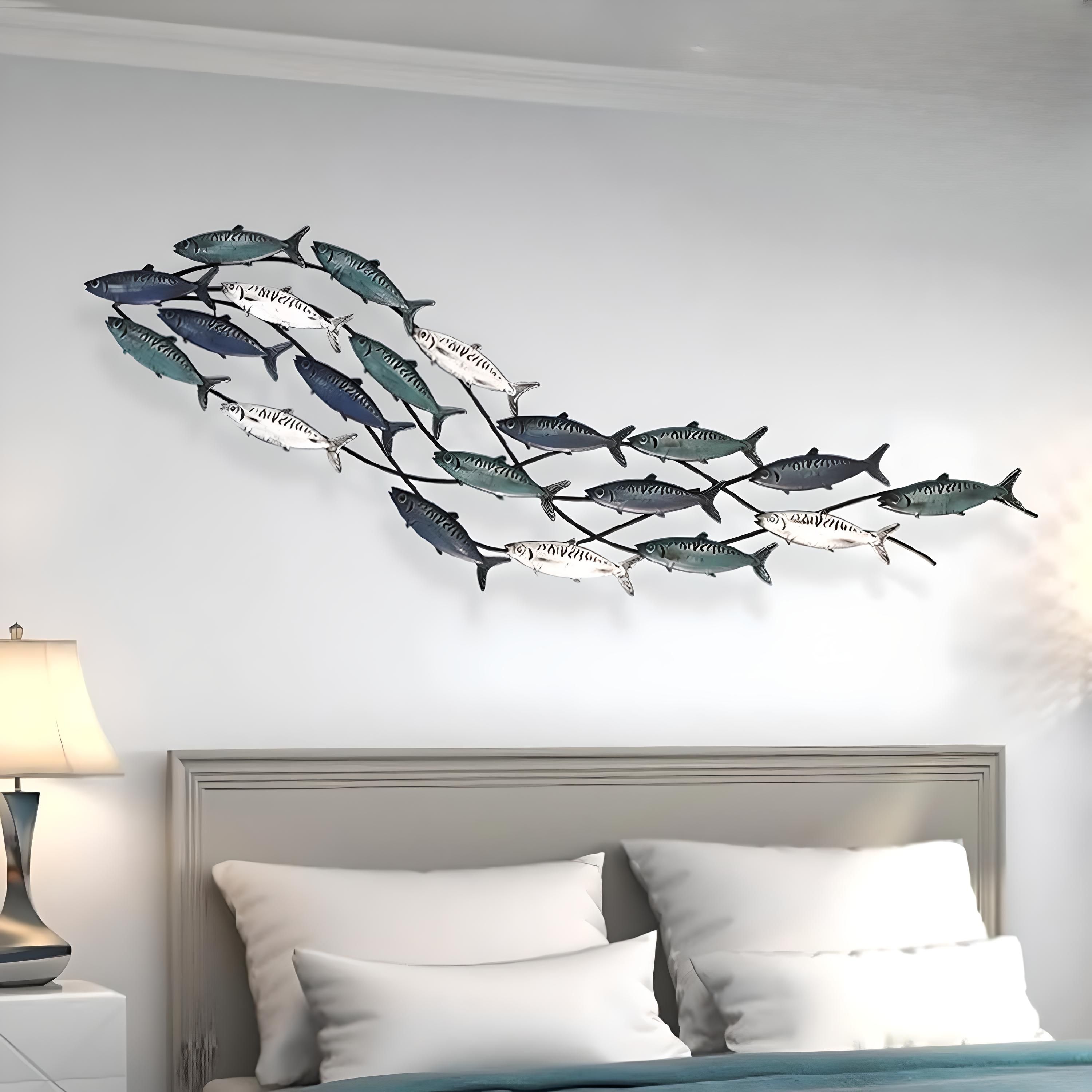 3D Metal Cluster of Fish Wall Art: Handcrafted Ocean Sculpture for Living Room, Pool, Bathroom, and Seaview Rooms