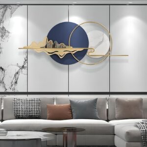 Modern metal wall art: Golden Art Mountain with Deep Blue World and Circular Golden Ring