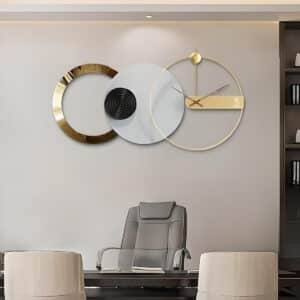 Nordic Large Wall Clock with Metal Art: Center with Full Moon Design & Luxurious Gold Metallic Ring for Living Room