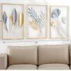 Three Gold-Framed Wall Decor Leaf Wall Hanging Decoration, Set of 3 for Living Dining Bedroom Office Hall Entryway Cafe & Hotels