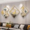 Multi-coloured Gold-Framed Wild Natural Sceneries with ginkgo leaf metal wall art (set of 3) for living room